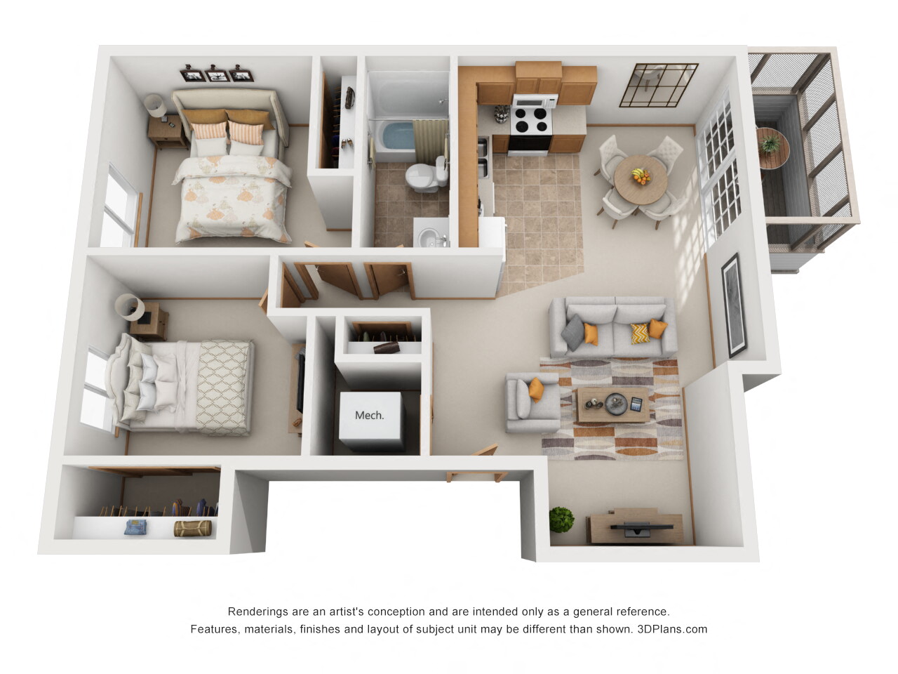 Floor plan for 2 beds, 1 bath, 920 sqft